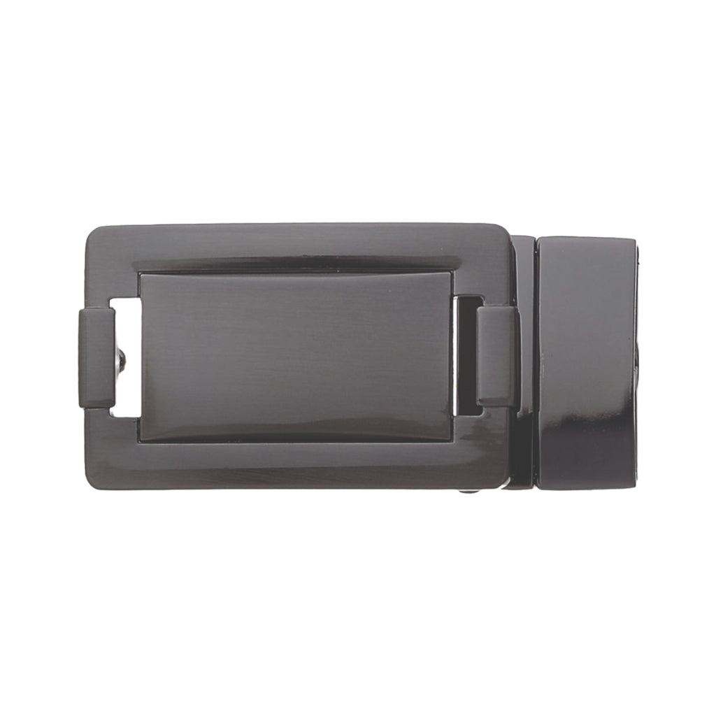 Rectangular belt buckle in gunmetal gray finish with recessed center panel, front view