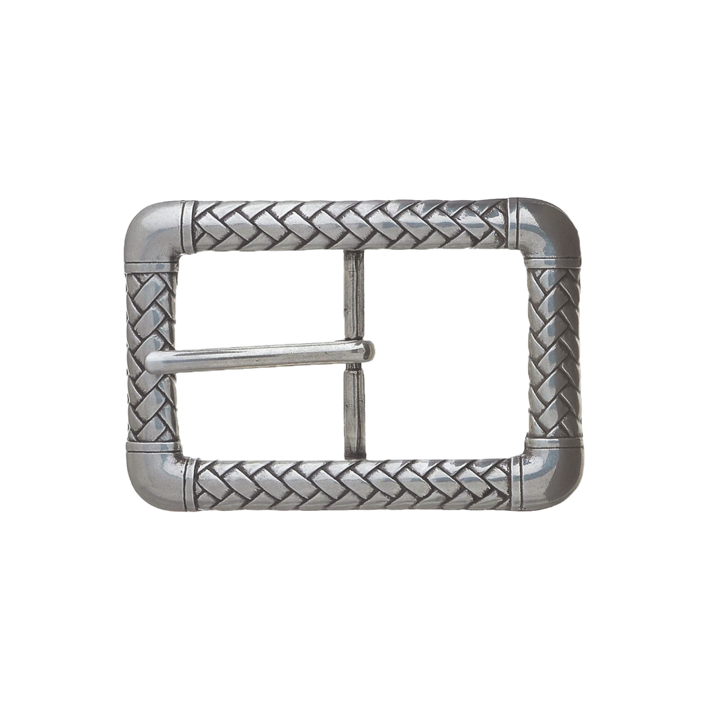 Rectangular polished silver belt buckle with a detailed braided or woven pattern on the frame, a stylish fashion accessory with a beautiful Italian design.