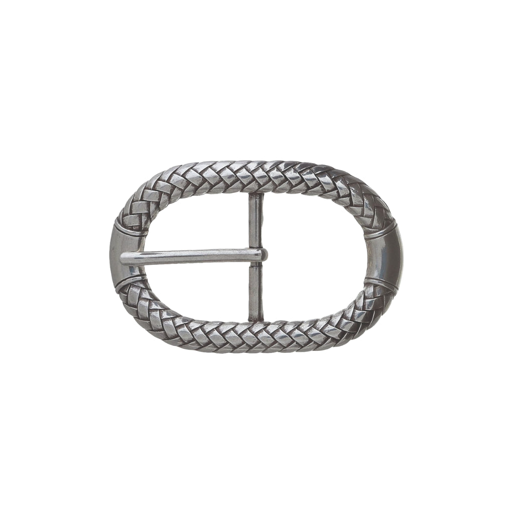 Polished silver braided oval belt buckle, fits 35mm belt strap