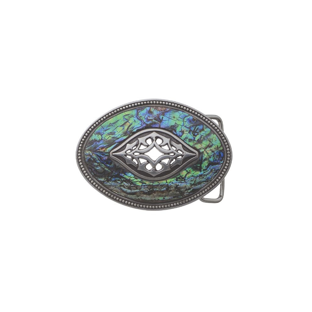 Oval polished silver belt buckle with a studded border and a striking abalone shell centerpiece, overlaid with a unique silver Italian design, a beautiful fashion accessory.