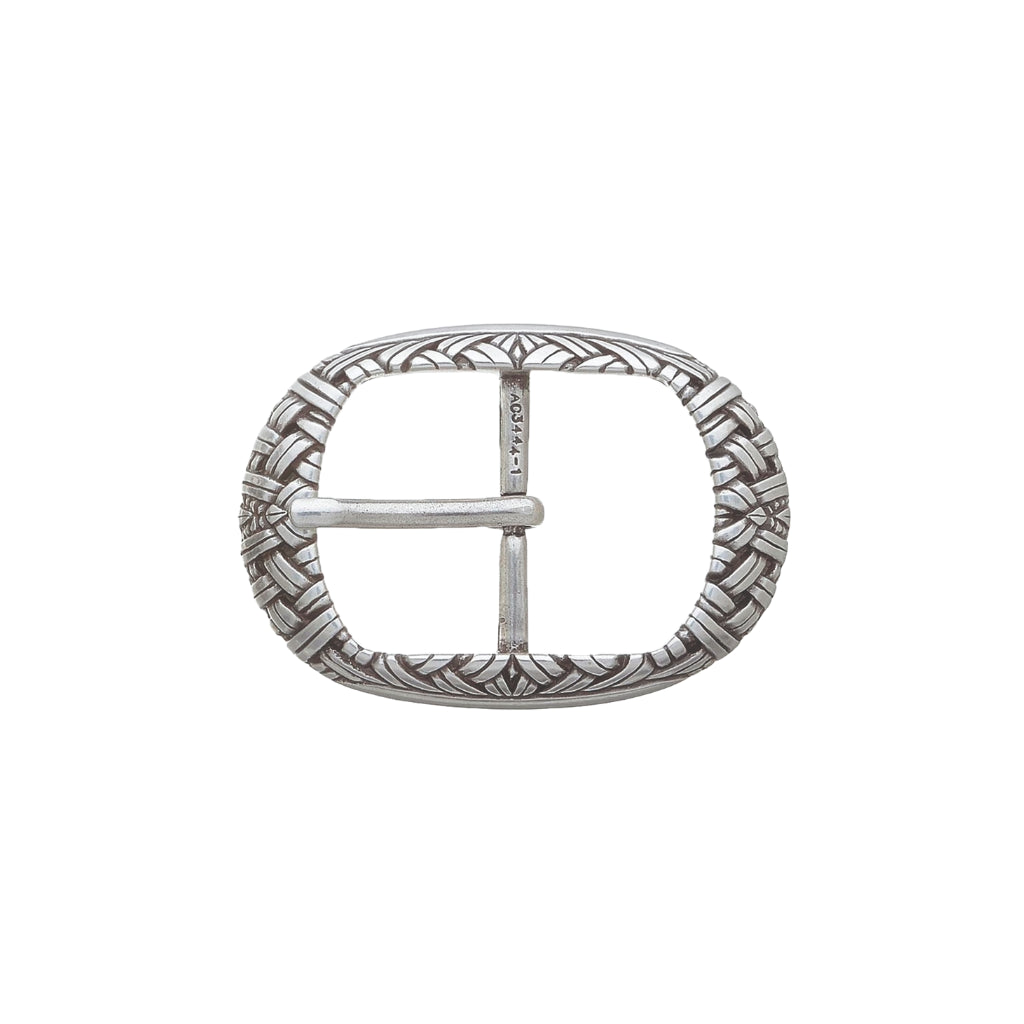 Polished silver oval belt buckle with engraved leaf-and-fan pattern, fits 35mm belt strap