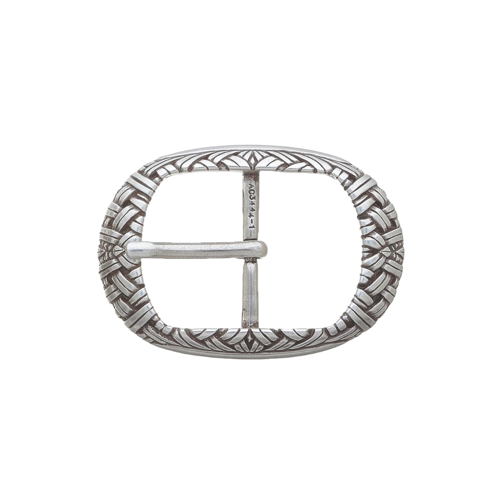 Polished silver oval belt buckle with engraved leaf-and-fan pattern, fits 40mm belt strap