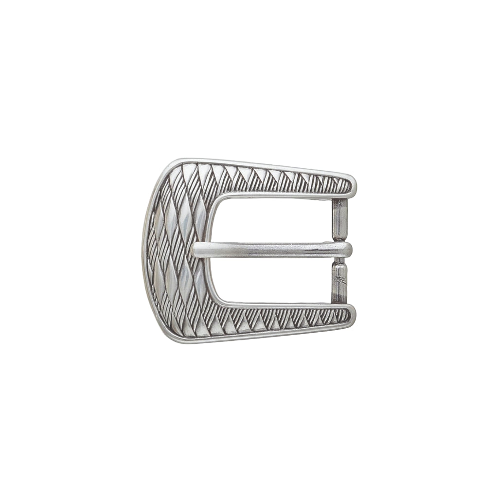 Vintage-style western silver belt buckle featuring a tapered horseshoe shape with an engraved diamond-patterned texture.