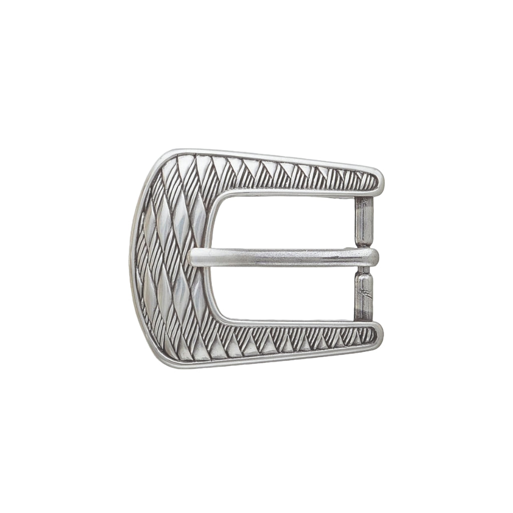 Vintage-style western silver belt buckle featuring a tapered horseshoe shape with an engraved diamond-patterned texture.