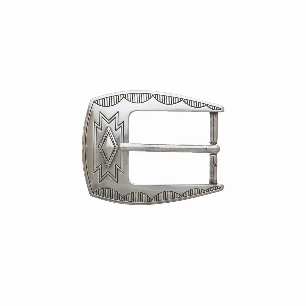 Decorative 35mm belt buckle in English Silver.