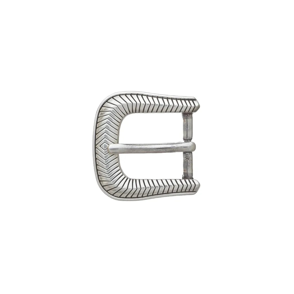 Vintage-style silver western belt buckle featuring a horseshoe shape with engraved chevron and sunburst textures.