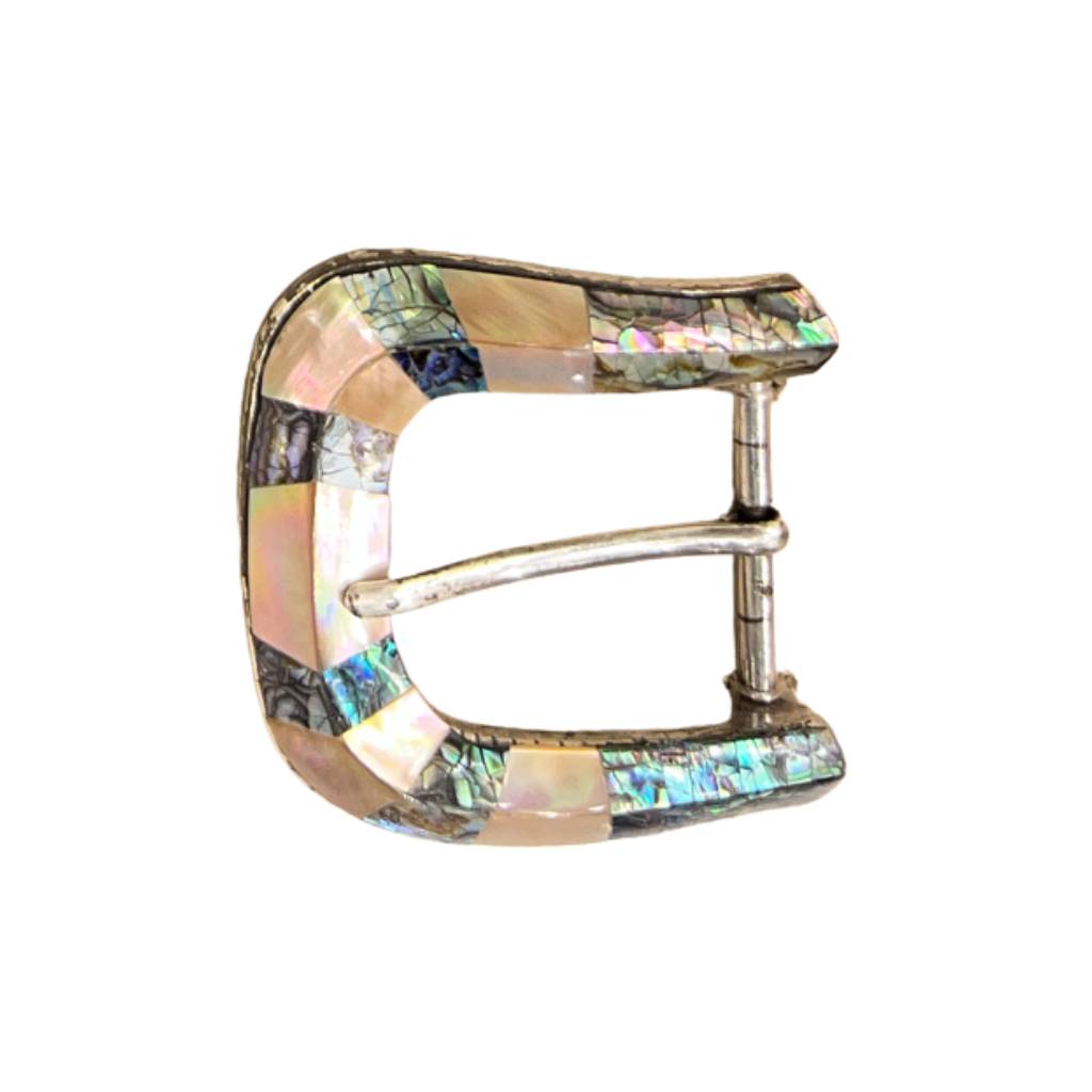 English silver belt buckle with multicolored mother of pearl inlay, mosaic shell design, handcrafted Zamak accessory