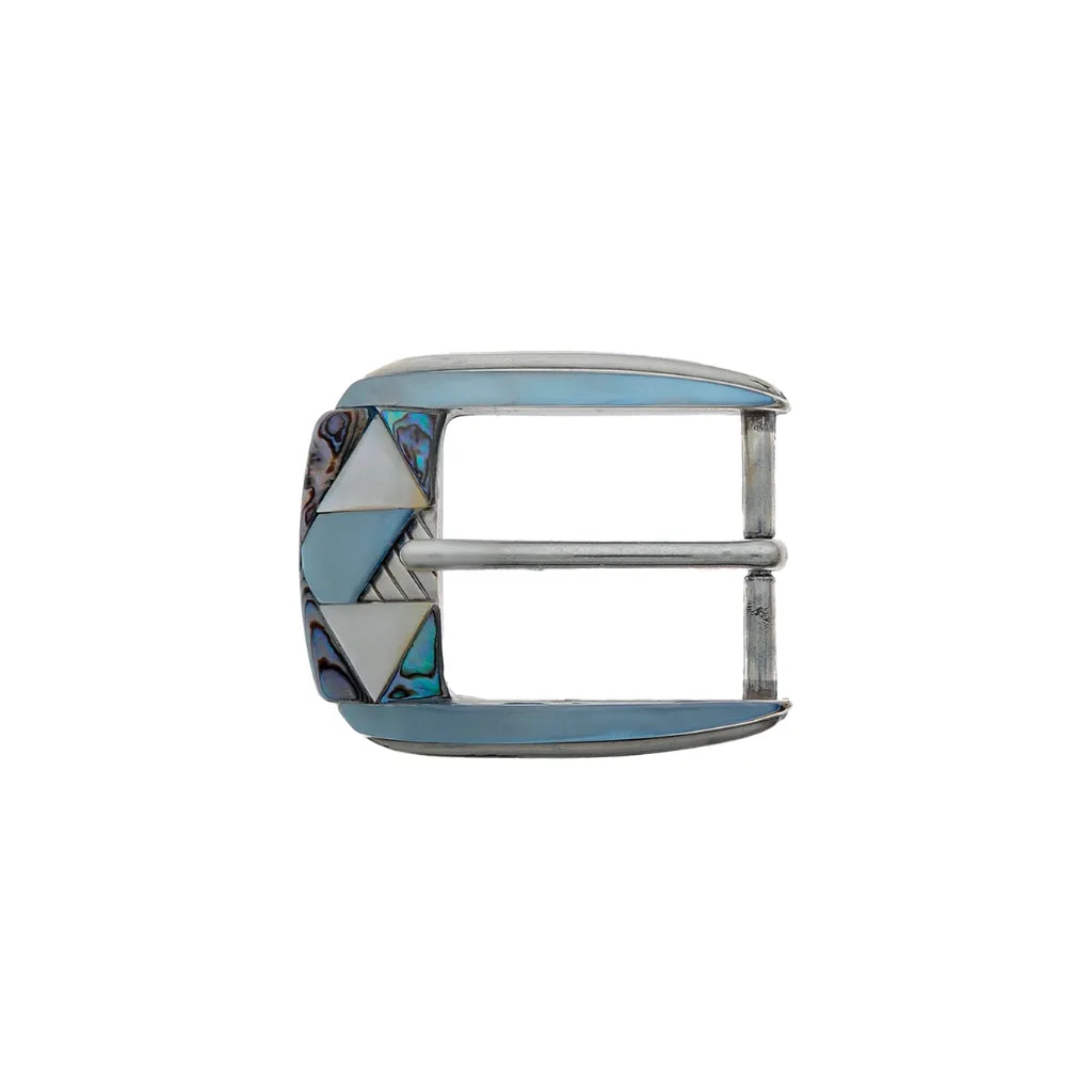 Silver western belt buckle with inlaid turquoise, mother of pearl, and abalone shell triangles.
