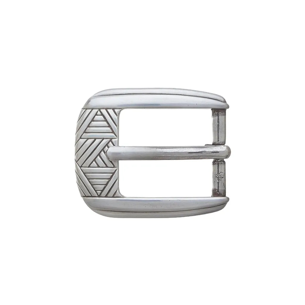 Polished silver rectangular belt buckle with geometric etched frame and single prong.