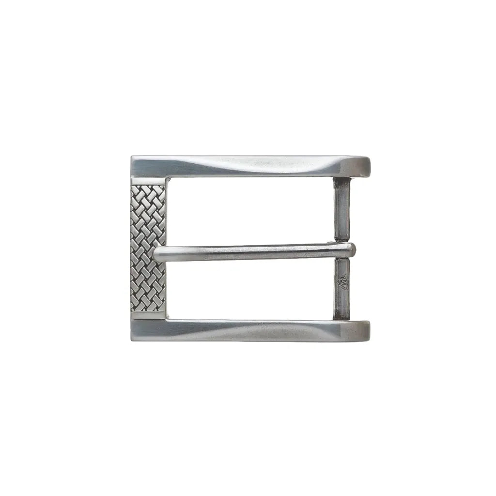 Brushed silver-tone rectangular belt buckle featuring a minimalist frame with an engraved woven basketweave texture on the left bar.