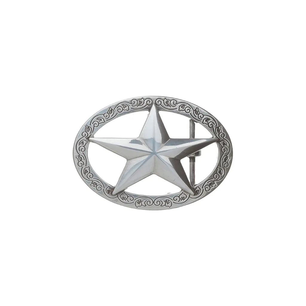 Western-style oval silver belt buckle featuring a large central five-point star and an intricate engraved floral vine border.