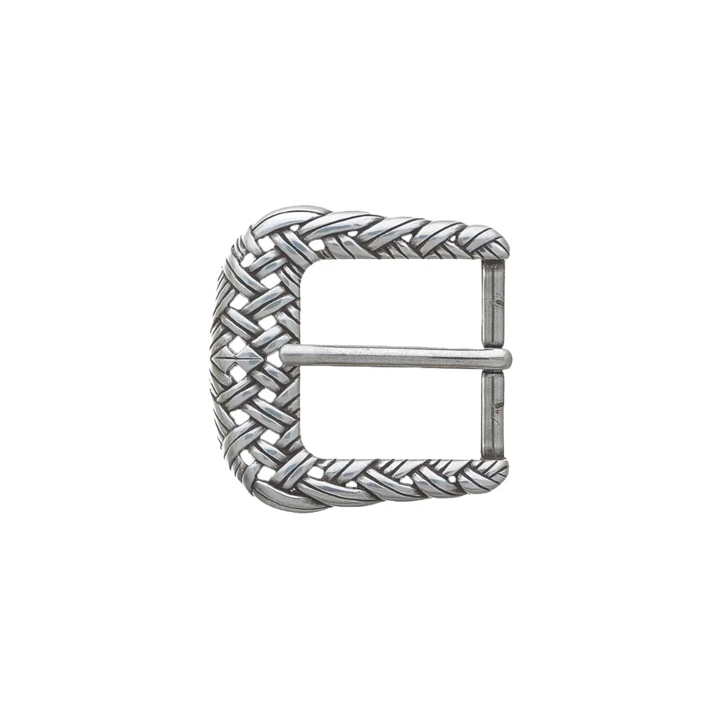 Antique-style silver belt buckle featuring a heavy braided woven rope texture and a rounded horseshoe silhouette.
