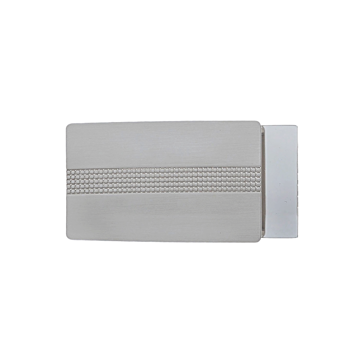 Rectangular belt buckle in brushed silver finish with textured center band