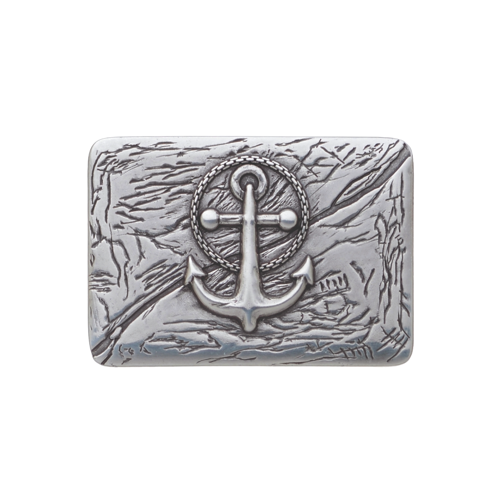 Silver anchor belt buckle with rope circle design, nautical marine themed men’s fashion accessory, vintage maritime style collectible Italian belt hardware