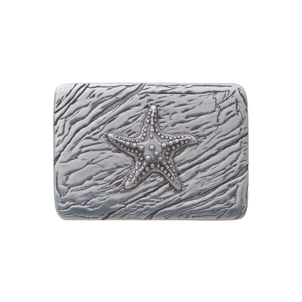 Silver starfish belt buckle with textured ocean wave background, nautical themed men’s fashion accessory, marine life design, collectible vintage Italian belt hardware
