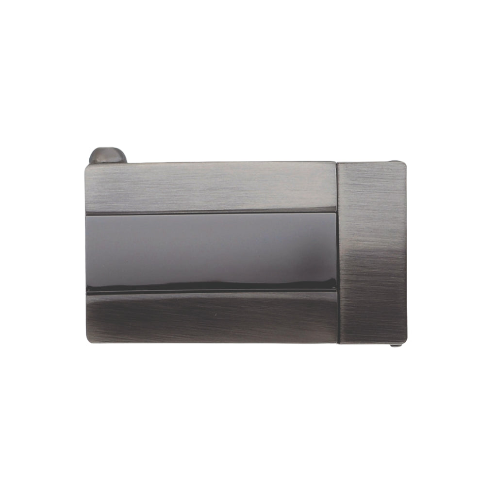 Two-tone rectangular belt buckle with brushed gunmetal frame and glossy black center panel
