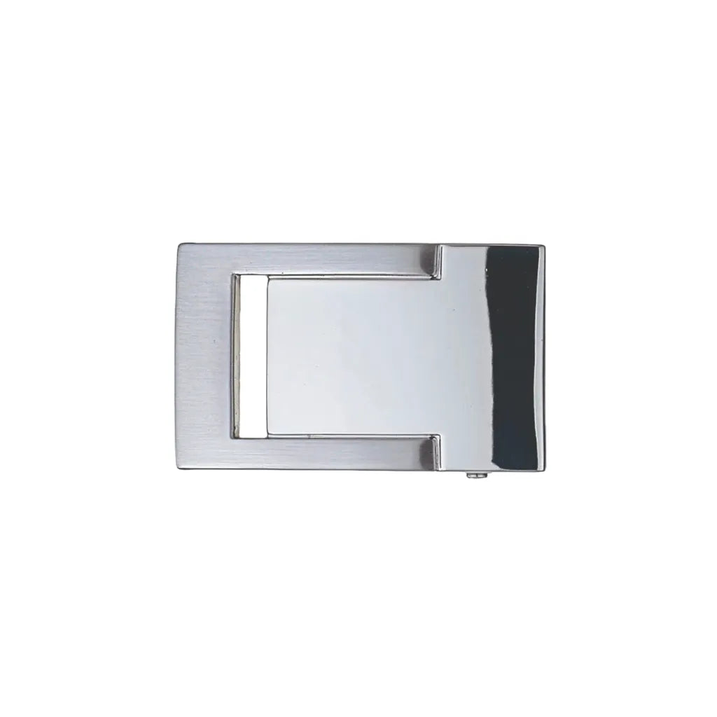 Modern rectangular belt buckle in brushed silver finish with polished geometric center plate