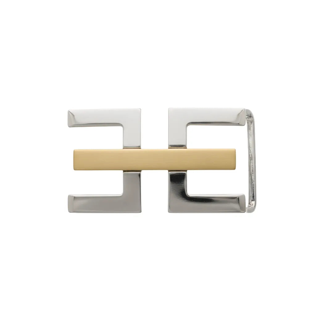 Two-tone Double E 30mm buckle in Palladium + Light Gold. Designed in Italy, durable zamak, clean contrast.