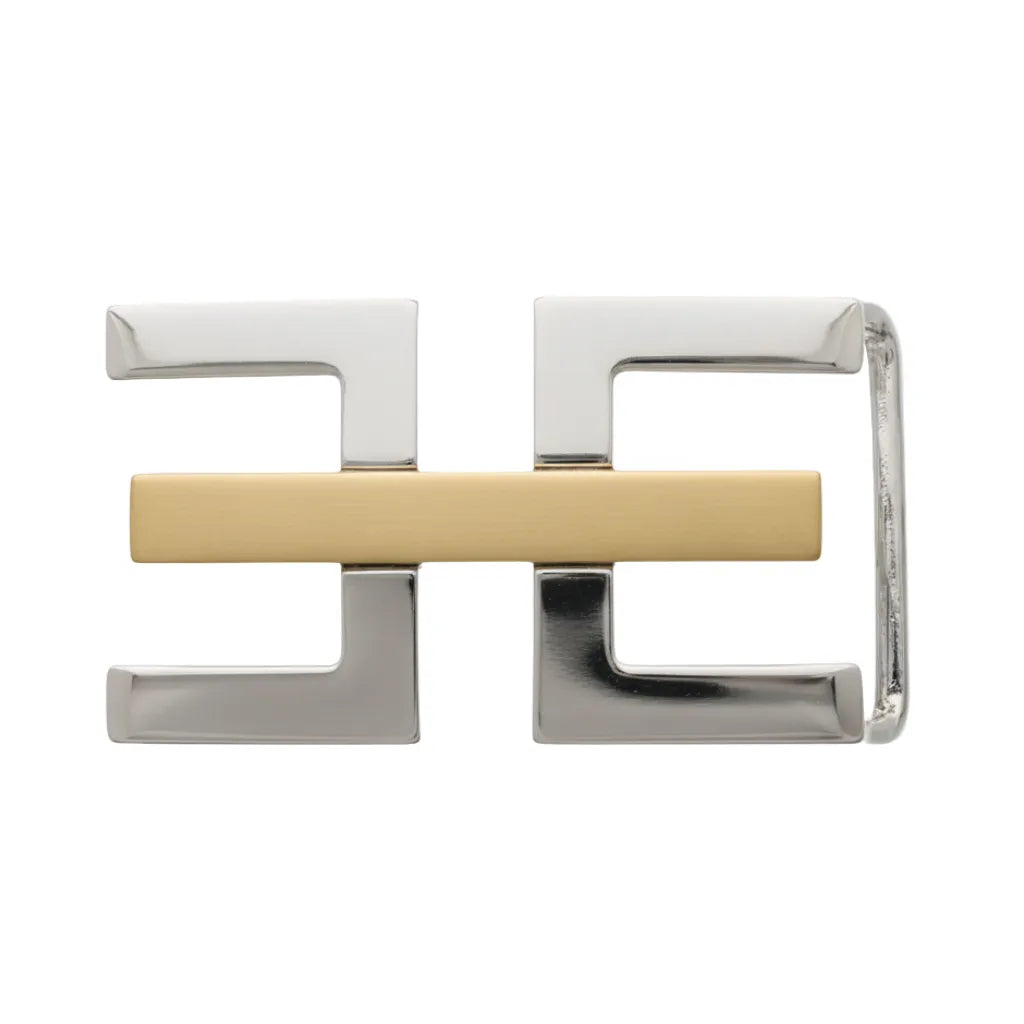 Two-tone Double E 40mm buckle in Palladium + Light Gold. Italian design, durable zamak, sleek contrast.