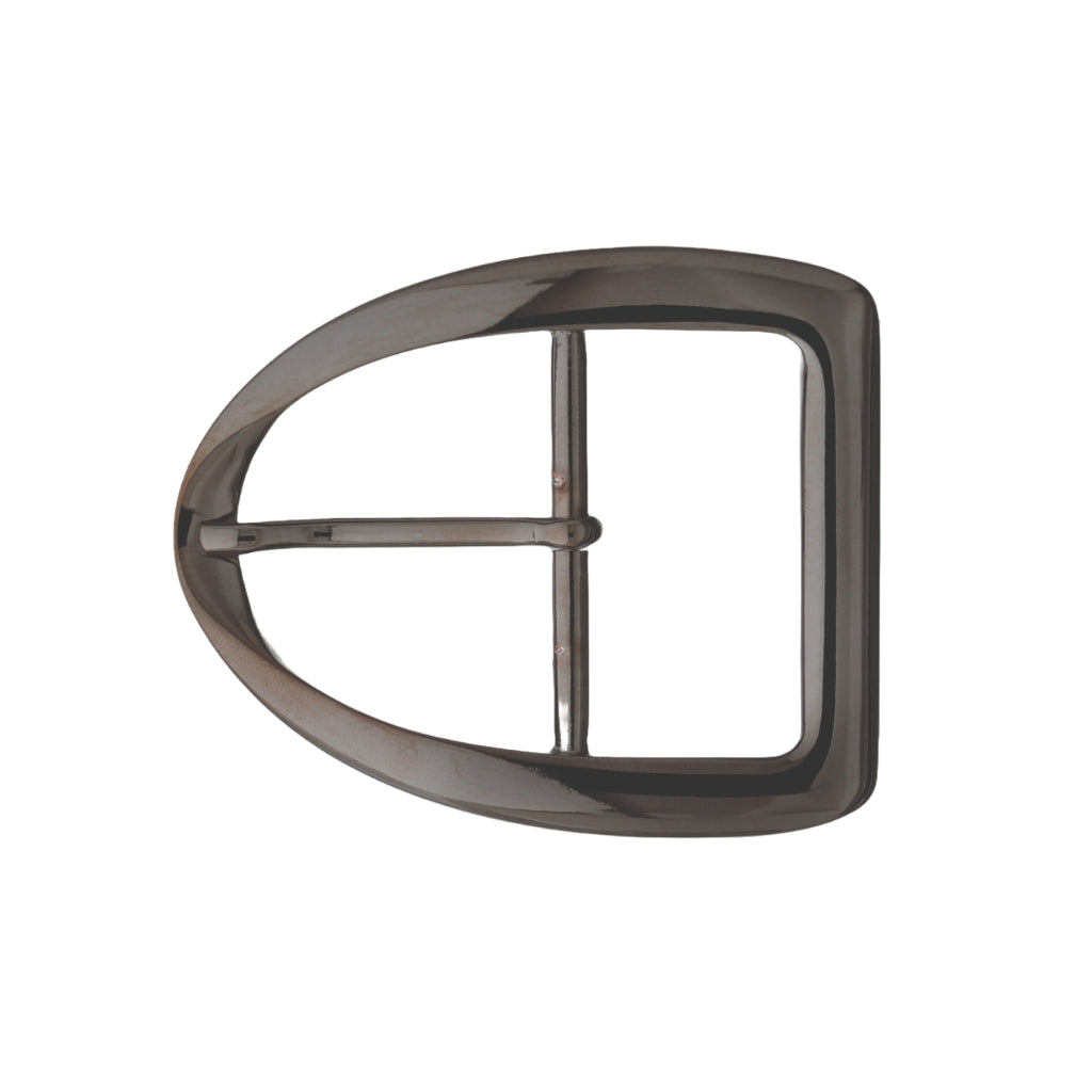 D‑frame 50mm belt buckle in Shiny Gun Metal Finish; modern right‑bar design, durable zamak.