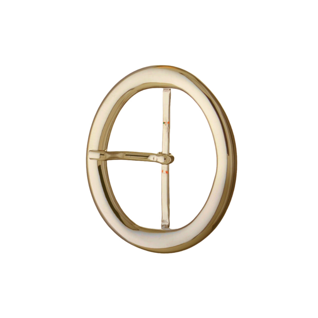 Oval 55mm belt buckle in Light Gold. Lightweight Zamak build—durable, polished, and easy to style. Fits 55mm straps.