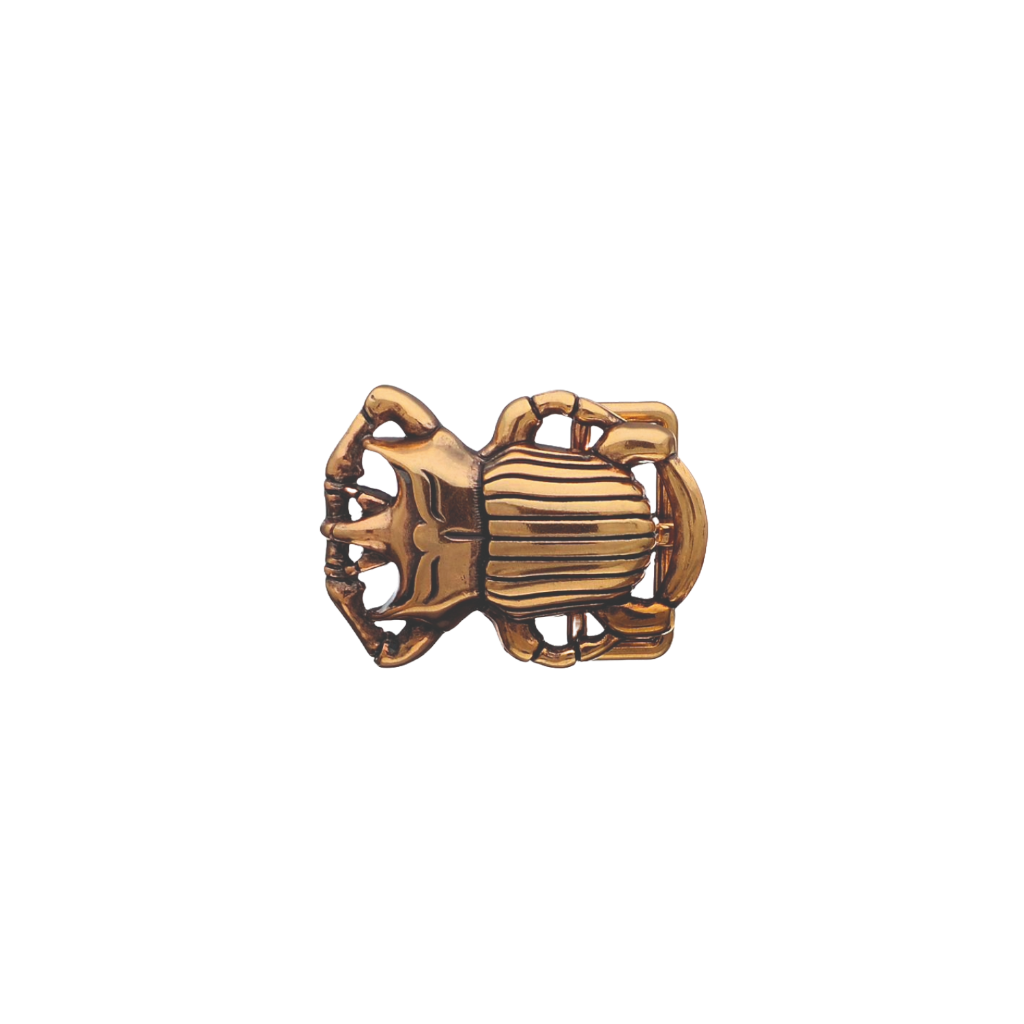 Ornate old gold beetle belt buckle with a detailed Art Deco-style design, a unique fashion accessory with a beautiful Italian design.