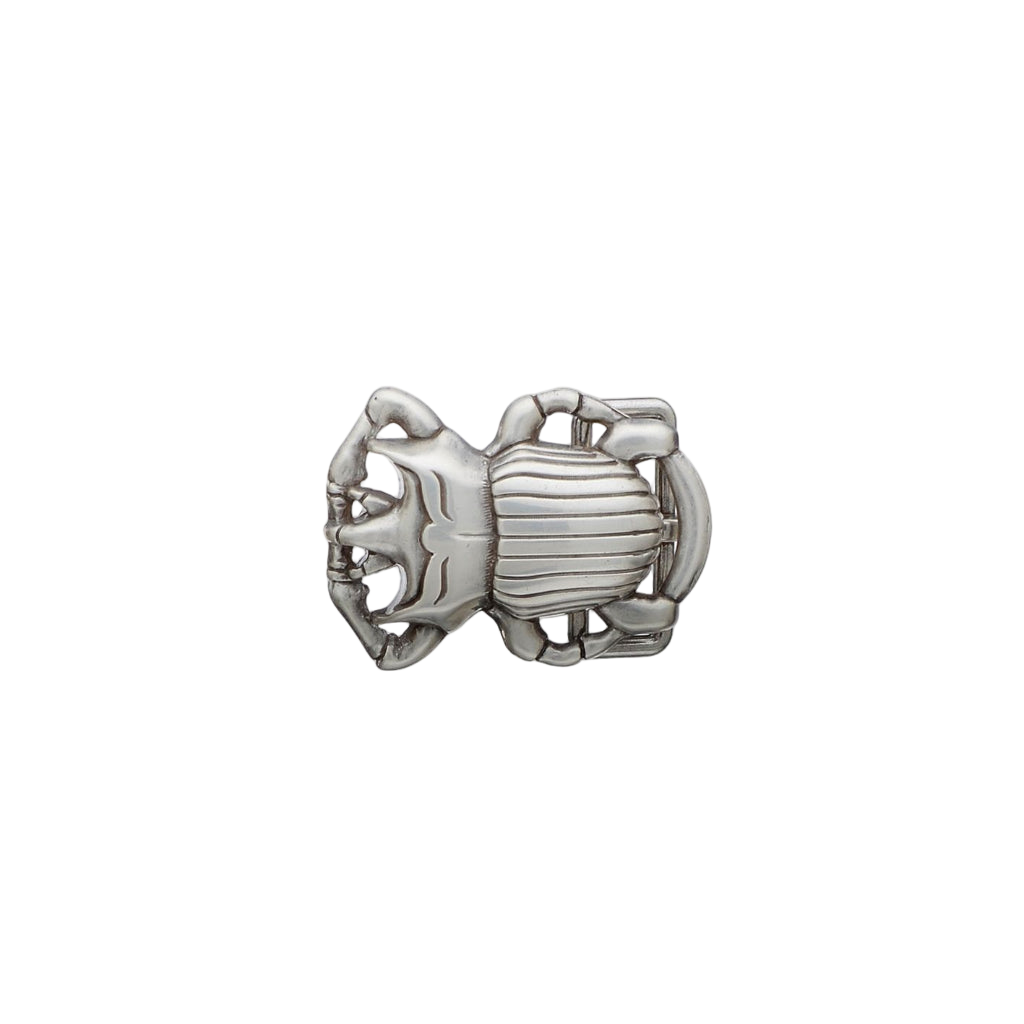 Antique silver scarab beetle belt buckle with engraved striped shell design, Egyptian revival insect fashion accessory, collectible men’s belt hardware, vintage Italian design buckle