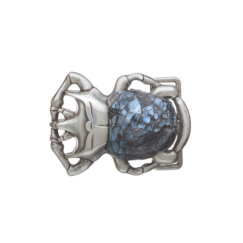 Silver scarab beetle belt buckle with blue mosaic stone inlay shell, Egyptian inspired insect fashion accessory, vintage men’s belt hardware, collectible Italian design jewelry style buckle