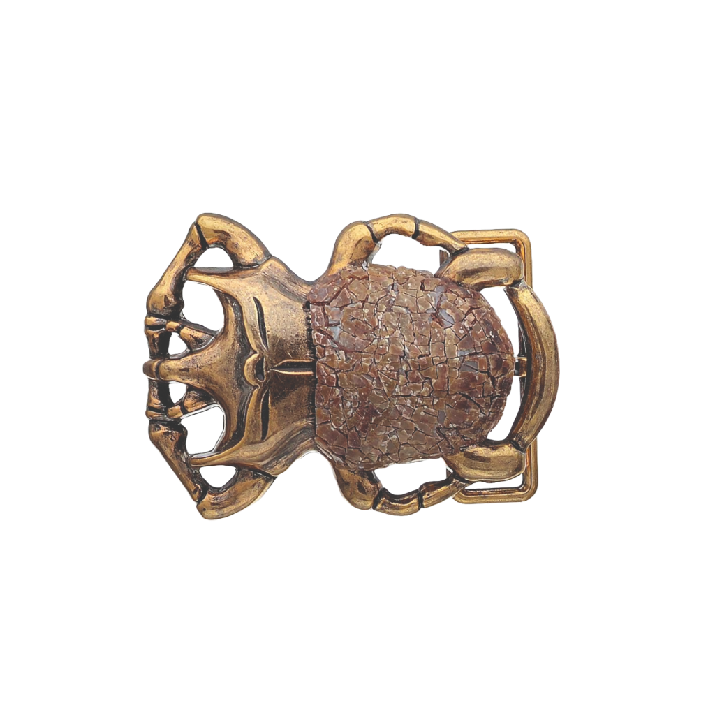 Antique gold scarab beetle belt buckle with brown mosaic stone inlay shell, Egyptian inspired insect fashion accessory, vintage collectible men’s belt hardware, Italian design jewelry style buckle