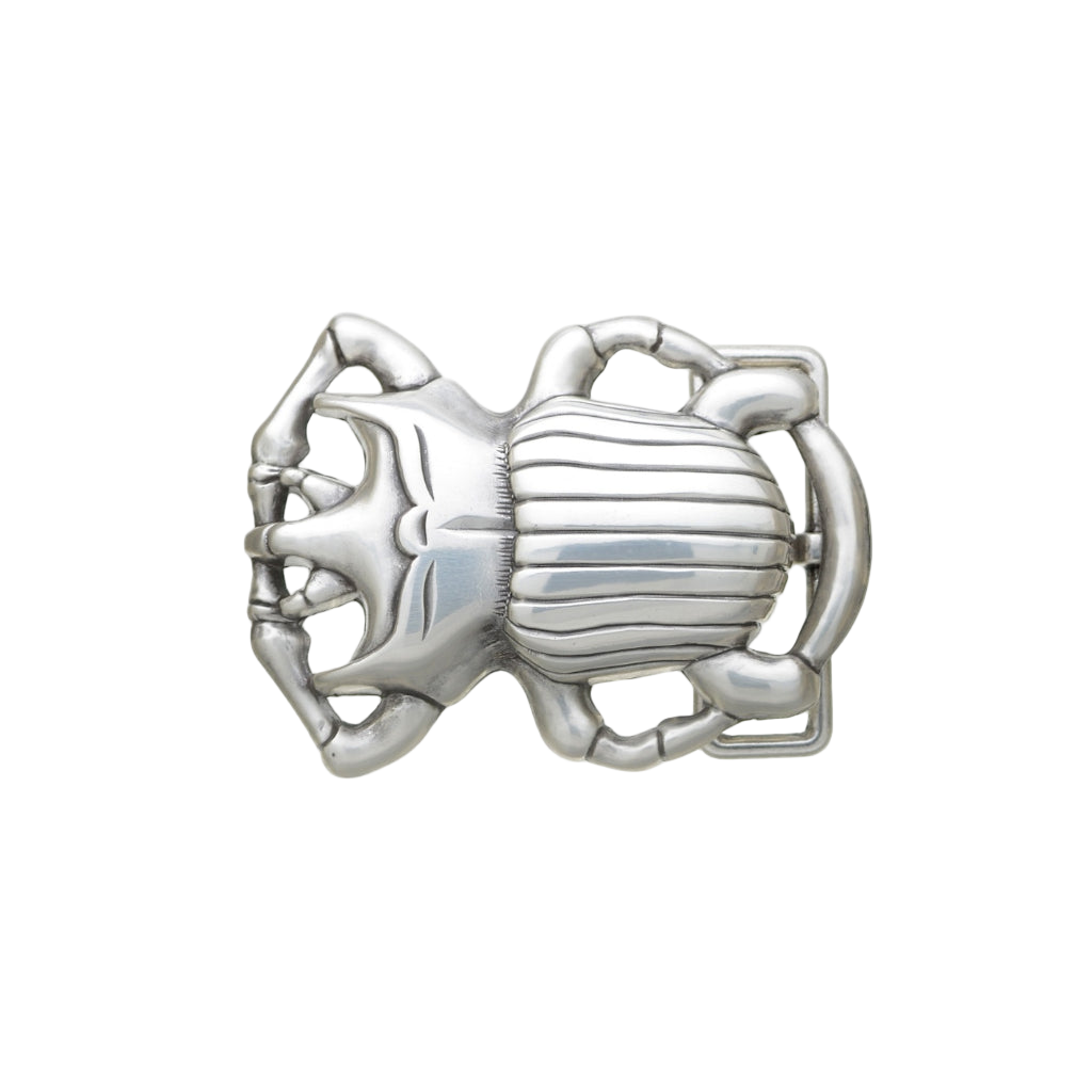 Silver scarab beetle belt buckle with polished striped shell design, Egyptian inspired insect fashion accessory, collectible men’s belt hardware, vintage Italian design statement buckle