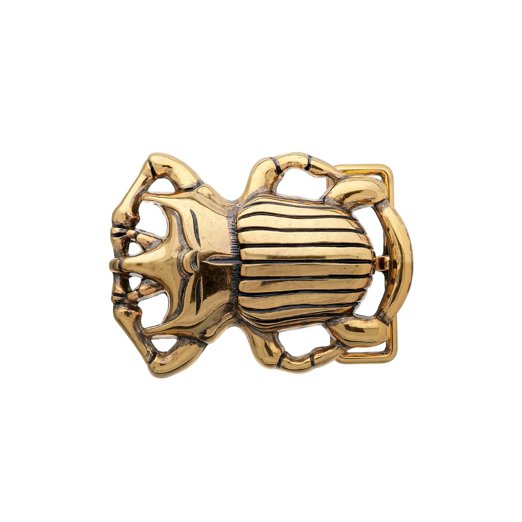 Gold scarab beetle belt buckle with engraved striped shell design, Egyptian inspired insect fashion accessory, vintage collectible men’s belt hardware, Italian design statement buckle