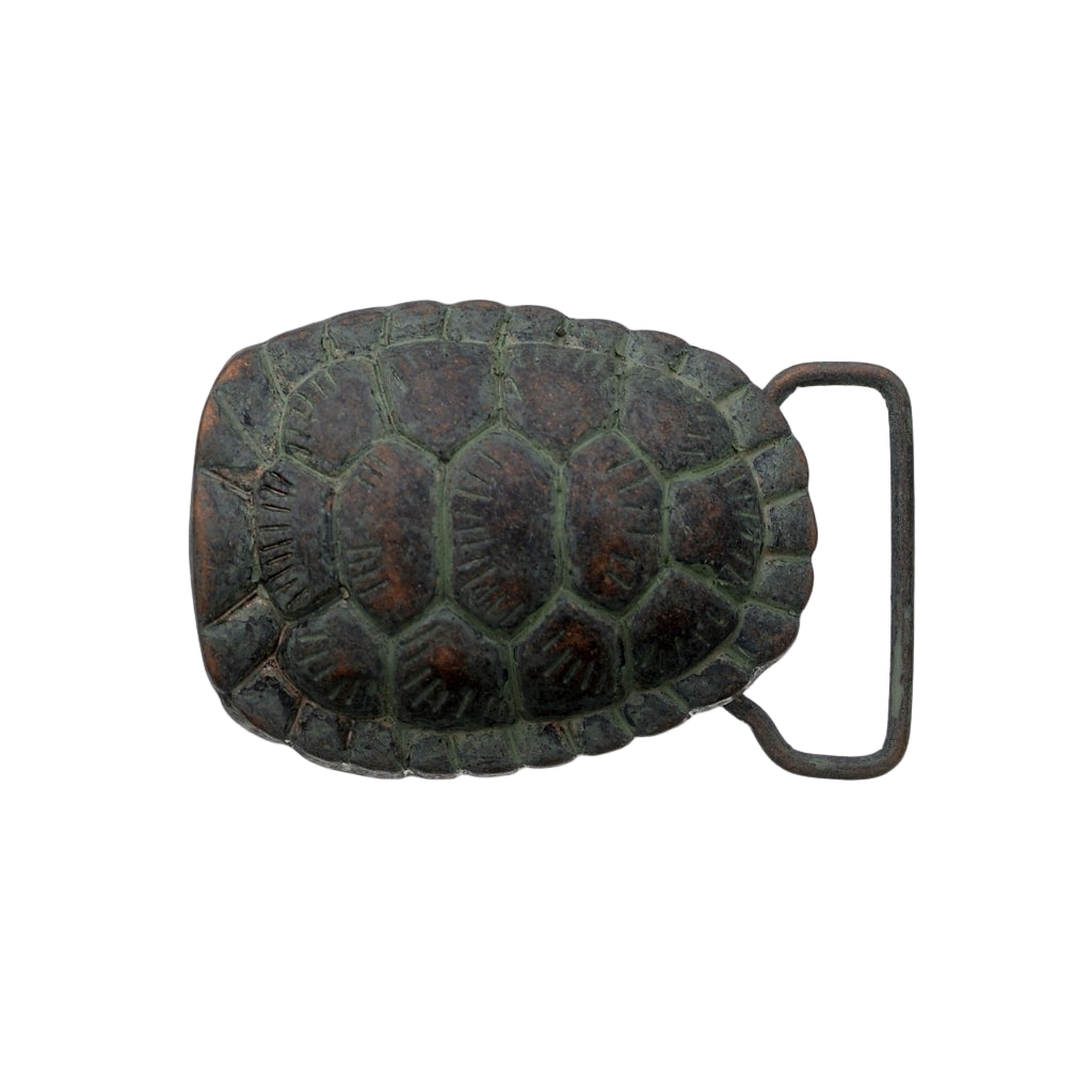 Vintage bronze turtle shell belt buckle with textured reptile pattern, rustic animal inspired fashion accessory, Italian design collectible western cowboy men’s belt hardware