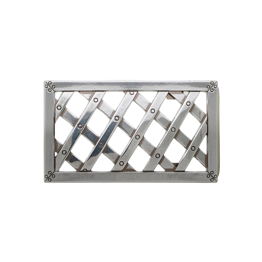 Rectangular silver lattice belt buckle with rivet detailing, industrial modern fashion accessory, Italian design vintage buckle, men’s collectible decorative belt hardware
