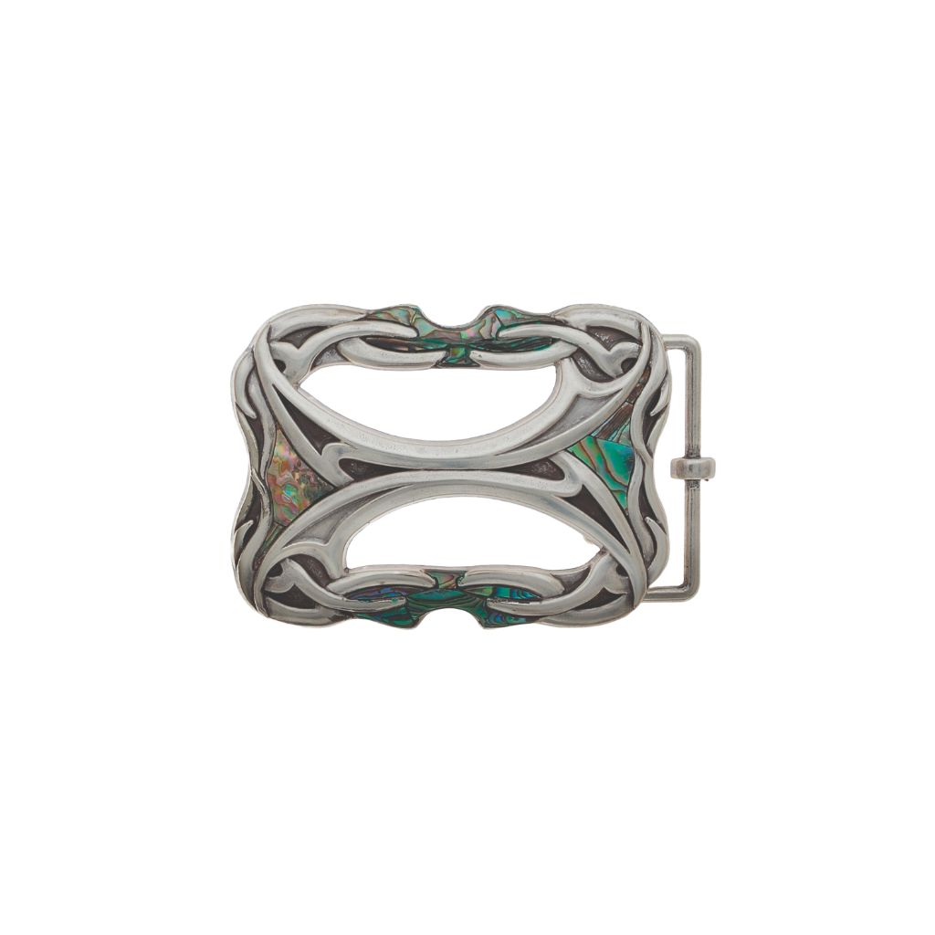 Antique silver belt buckle with Celtic knot design and abalone shell inlay, vintage Irish inspired fashion accessory, Italian design collectible men’s decorative belt hardware
