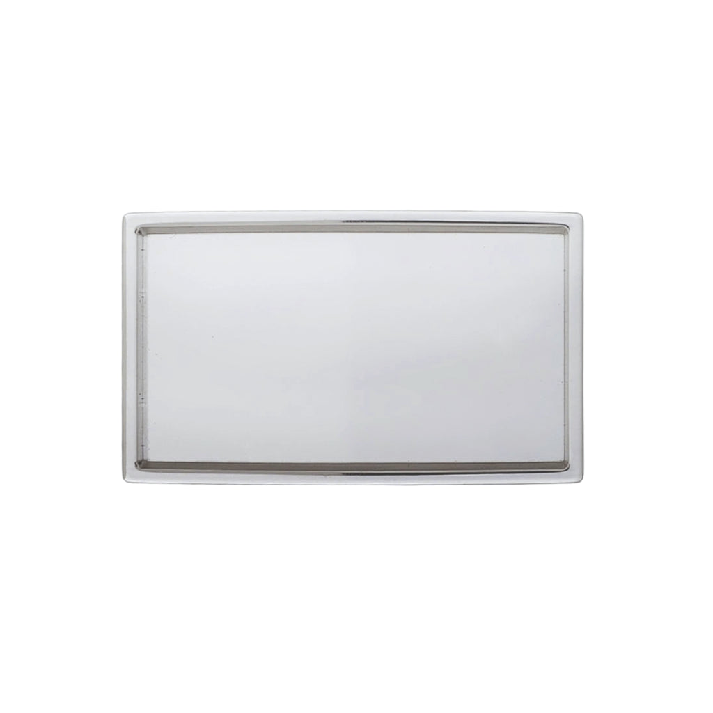 Blank rectangular belt buckle plate in polished silver finish with slim raised border