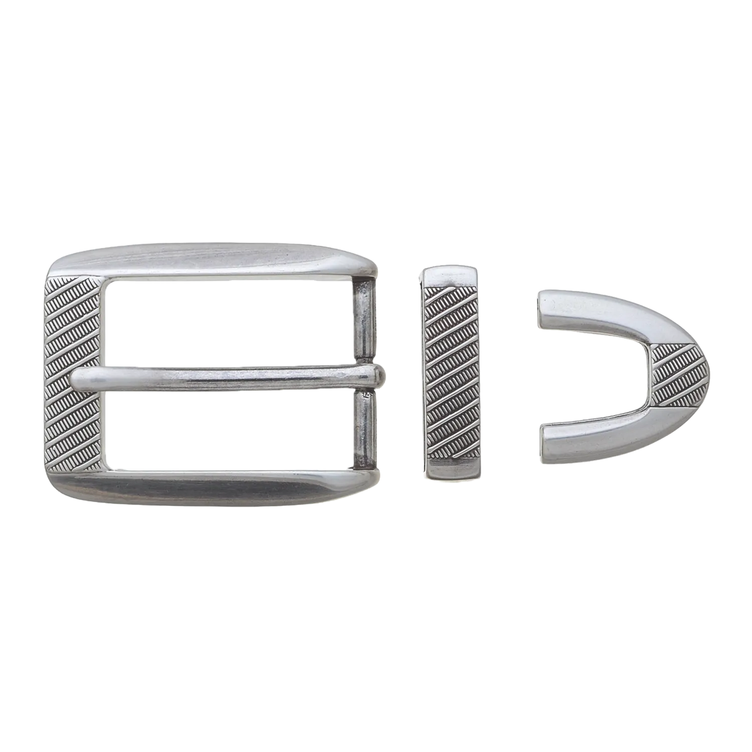 Antique silver-tone three-piece western belt buckle set featuring a rounded rectangular frame, matching keeper, and curved belt tip with engraved diagonal hatch textures.