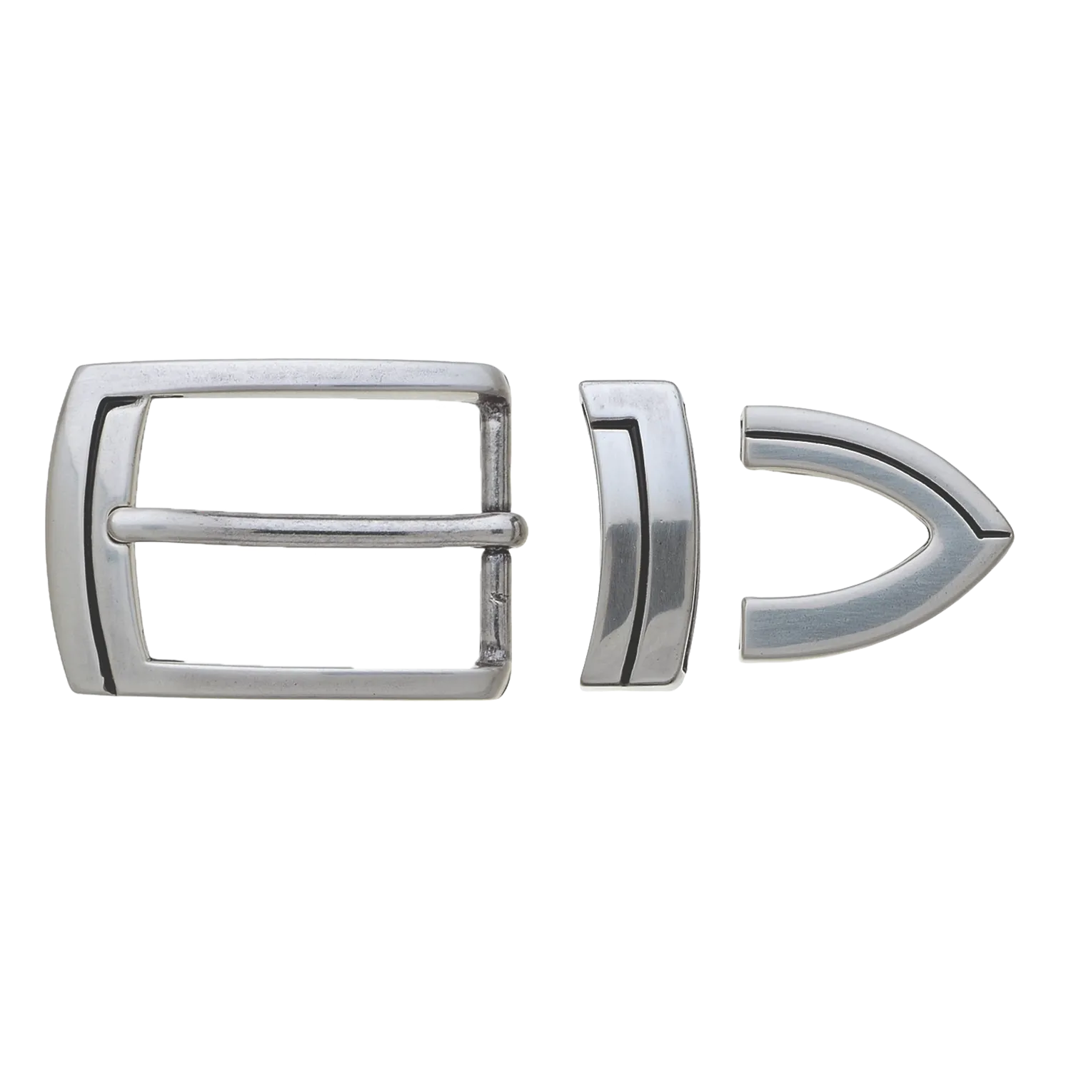 Modern polished silver three-piece belt buckle set featuring a rectangular frame with a vertical accent bar, a matching keeper with an inset line, and a pointed geometric belt tip.