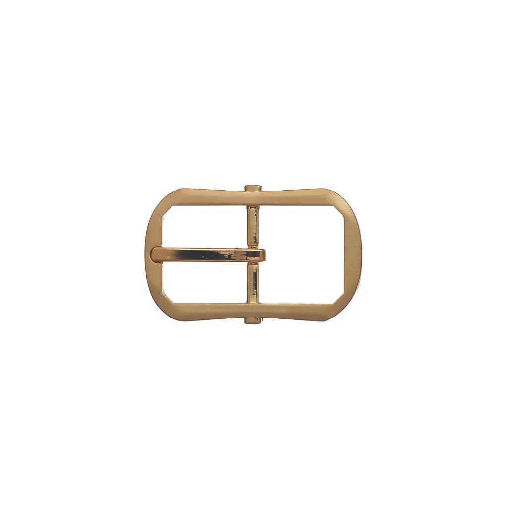 Brushed gold rectangular belt buckle with rounded corners and single prong.