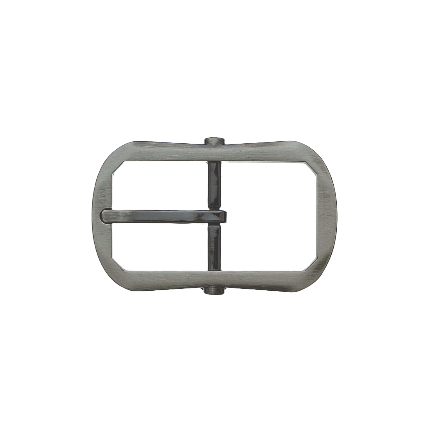 Brushed nickel rectangular belt buckle with rounded corners and single prong.