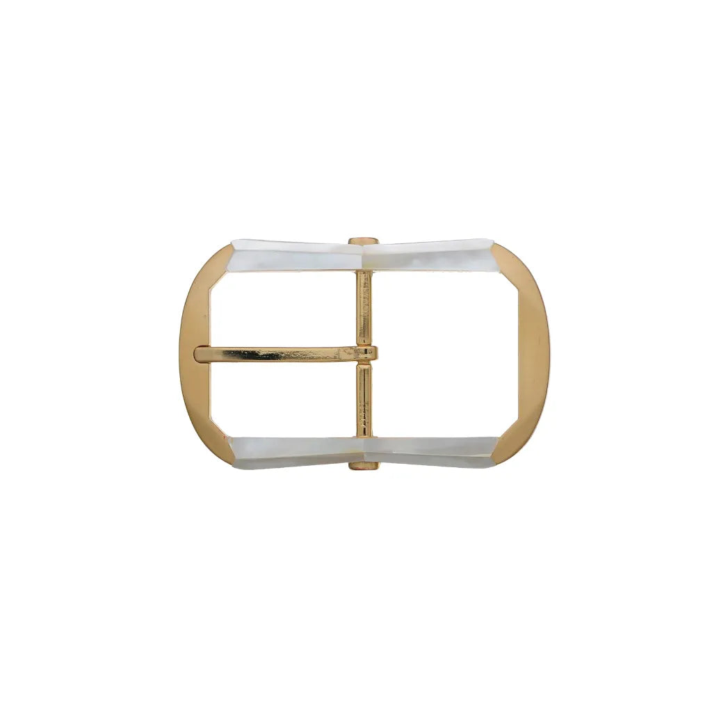 Polished silver rectangular belt buckle featuring iridescent mother-of-pearl inlays and a single prong.