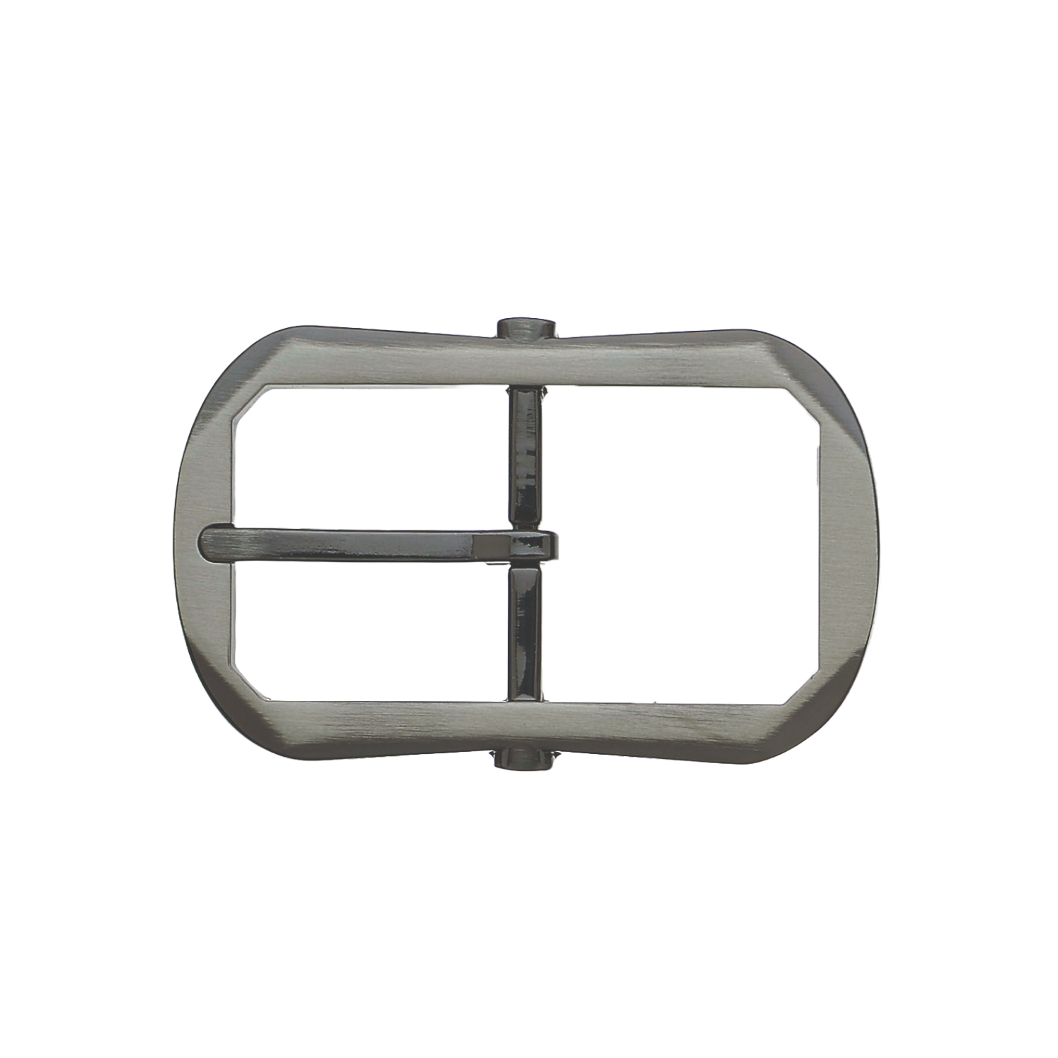 Brushed nickel rectangular belt buckle with rounded corners and single prong.