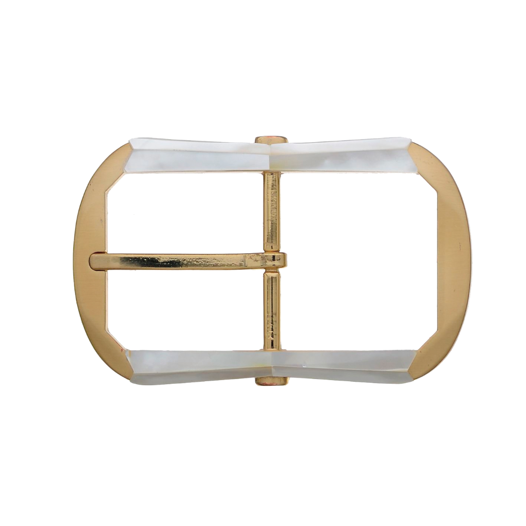 Brushed Light Gold 40mm belt buckle with solid White Mother of Pearl accents.