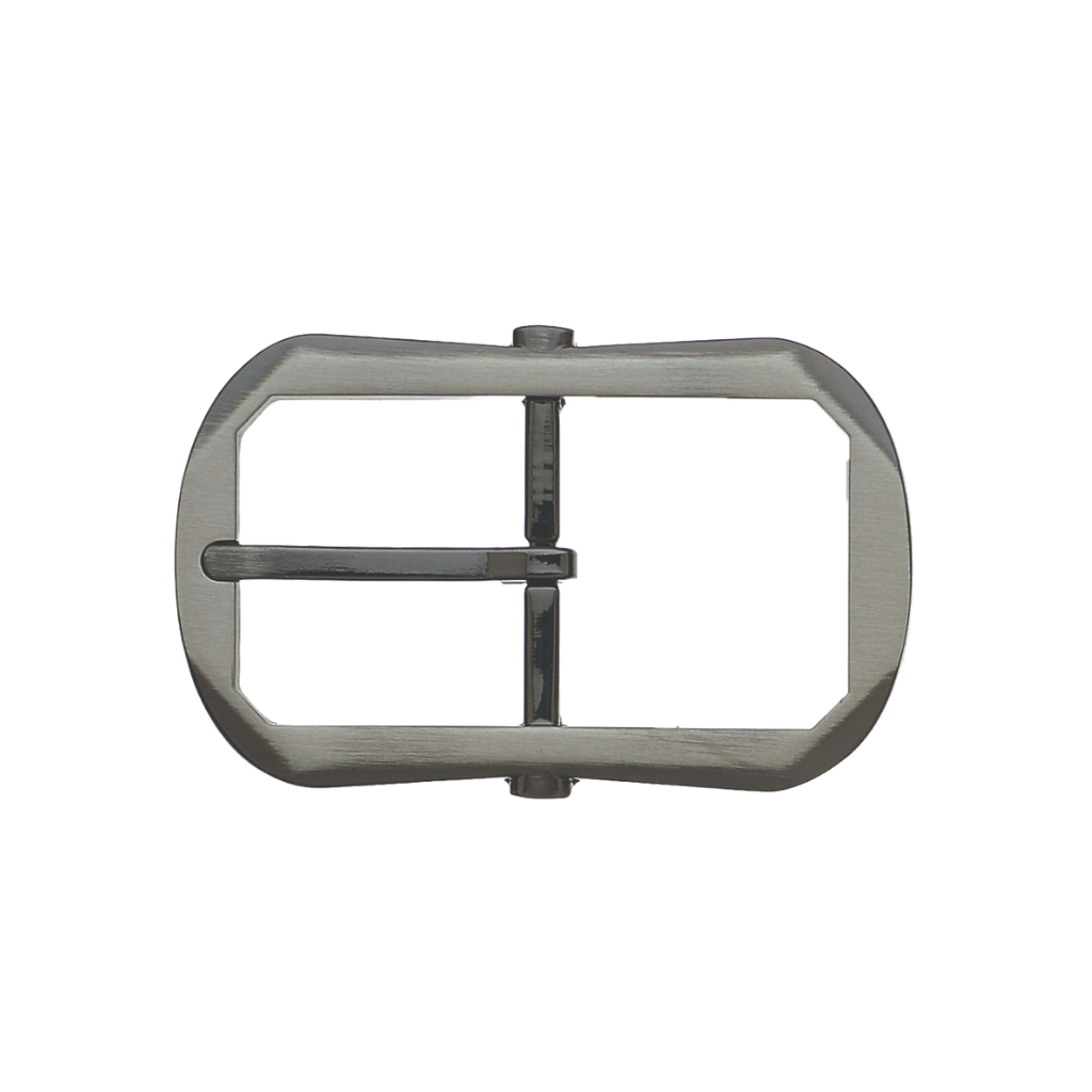 Brushed nickel rectangular belt buckle with rounded corners and single prong.
