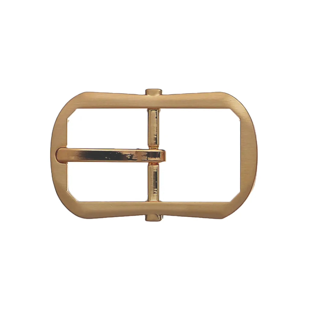 Brushed gold rectangular belt buckle with rounded corners and single prong.