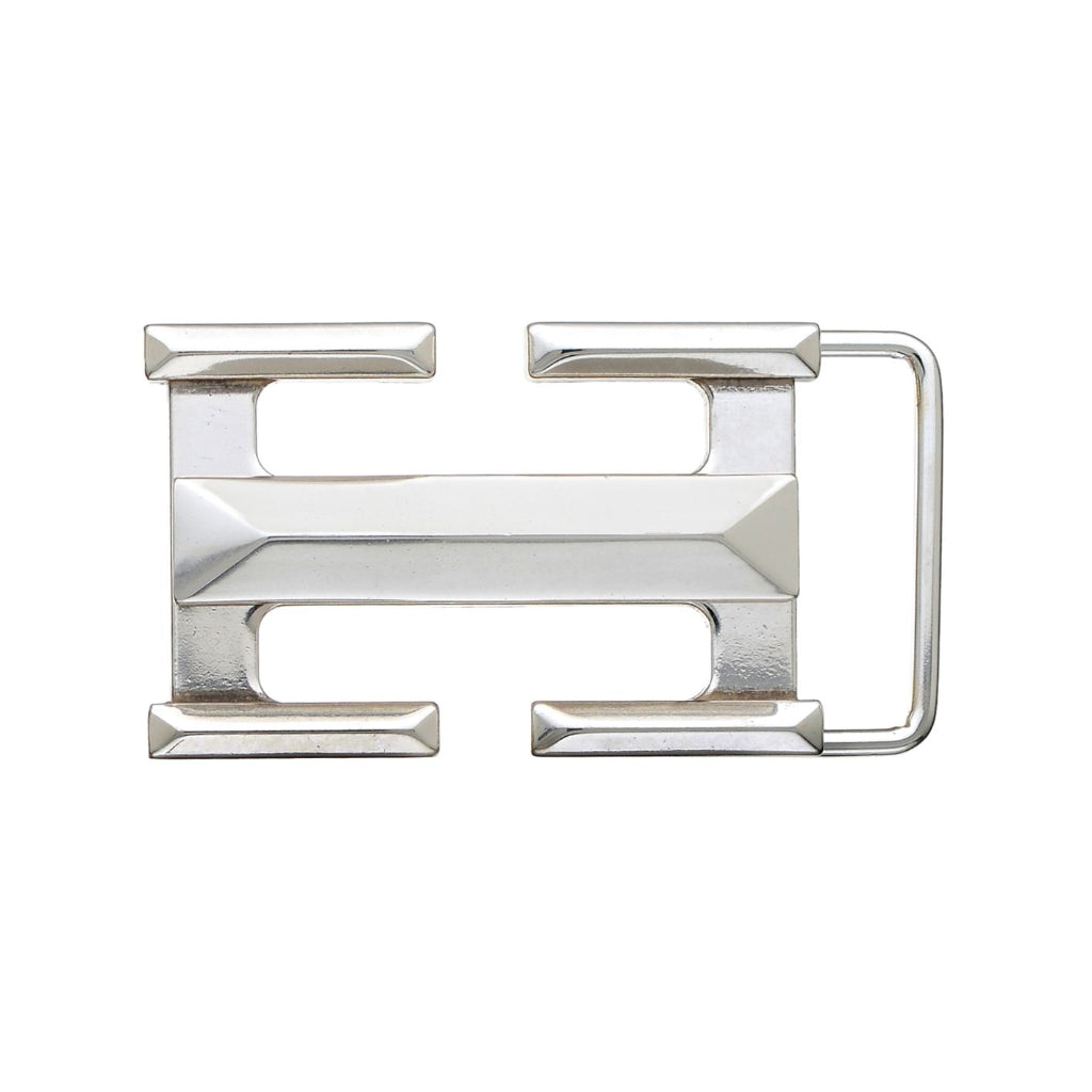 Silver H-shaped belt buckle with modern geometric design, minimalist Italian style fashion accessory, vintage men’s collectible decorative belt hardware