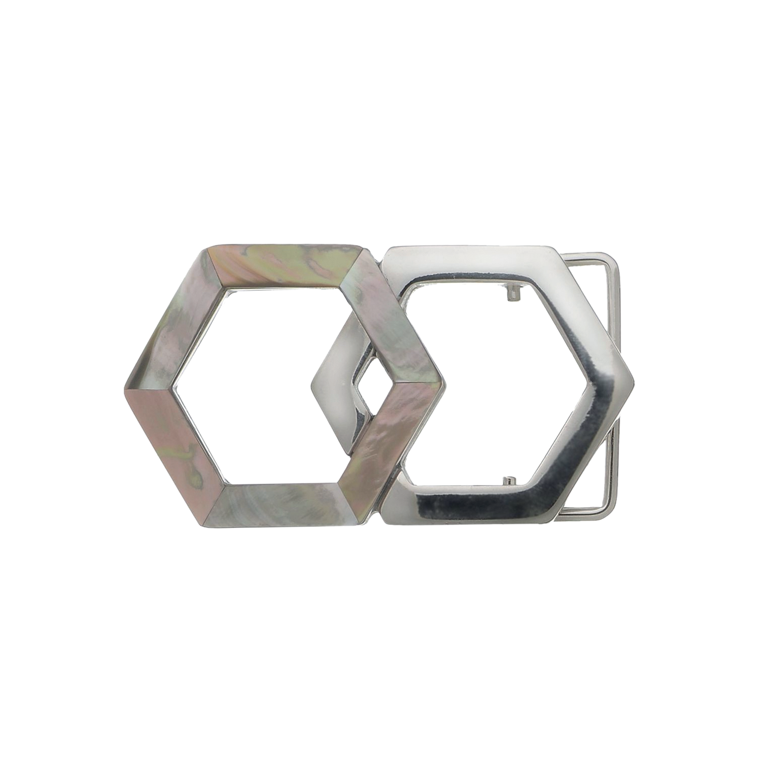 Modern interlocking hexagon belt buckle featuring one iridescent abalone shell-inlaid frame and one polished silver-tone frame.