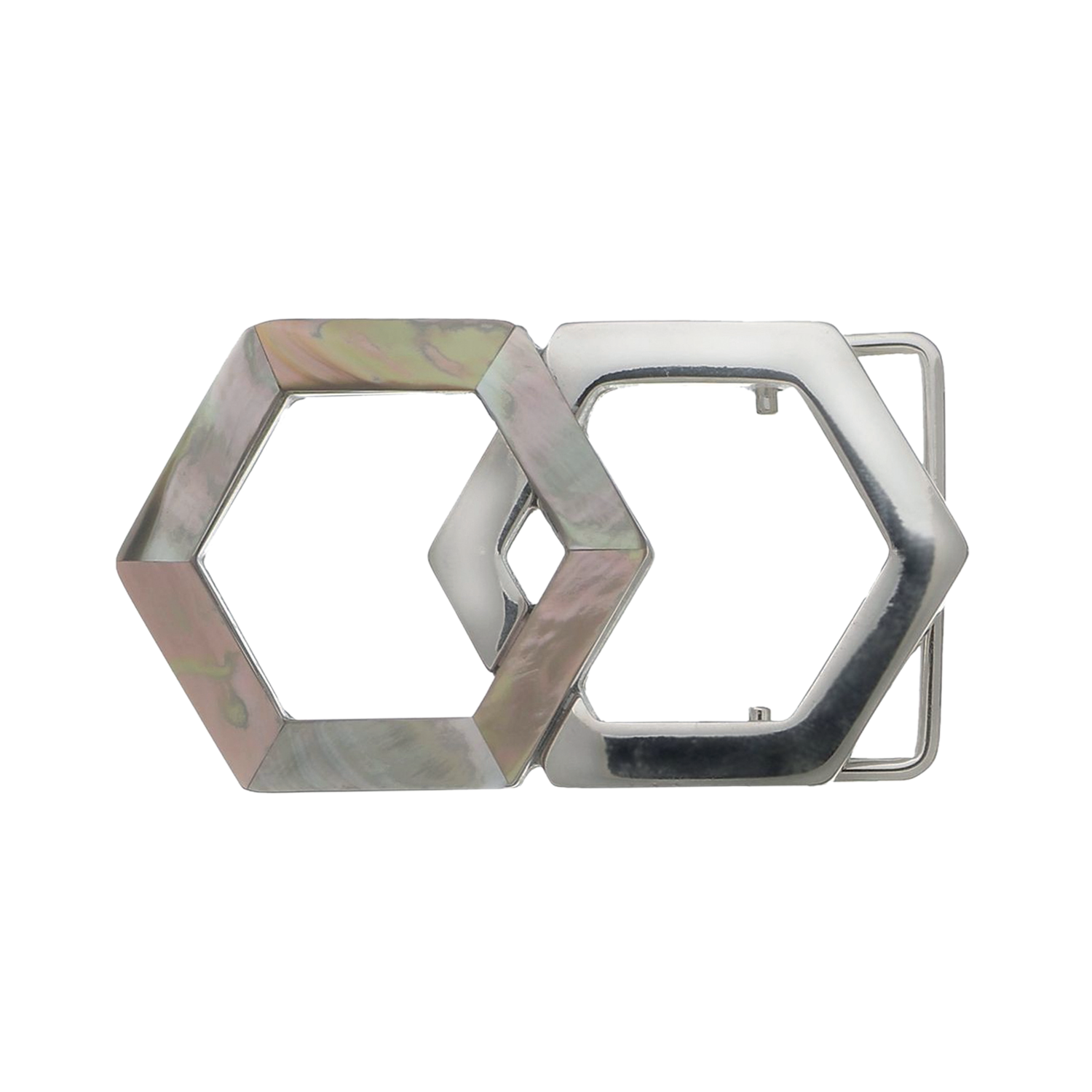 Interlocking Hexagon 40mm Belt Buckle – Shiny Nickelfree Finish + Black Lip & Brown Lip Mother of Pearl, Zamak