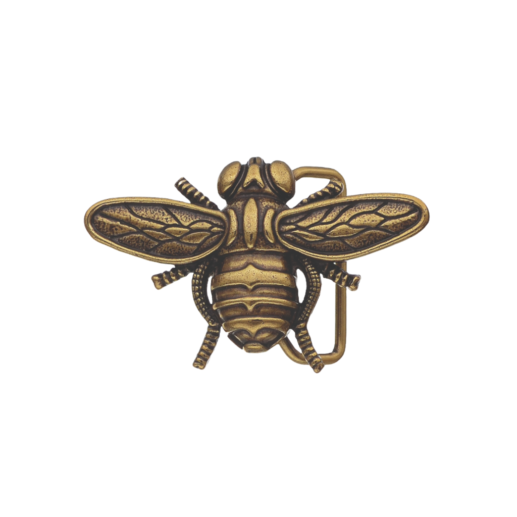 Bee-shaped belt buckle, antique gold finish with detailed wings and segmented body, isolated on transparent background