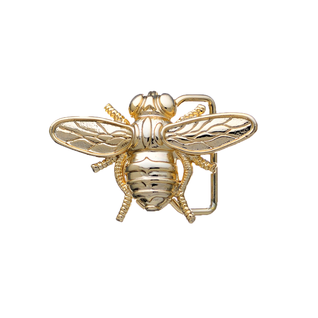 Polished gold bee belt buckle with detailed insect wing design, fashion accessory inspired by nature, Italian design vintage buckle, men’s collectible decorative belt hardware