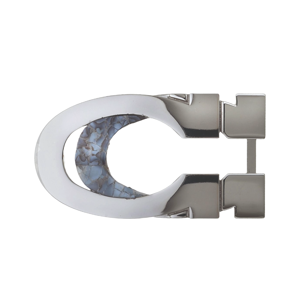 Silver polished metal belt buckle, oval-C frame with textured shell inlay, isolated